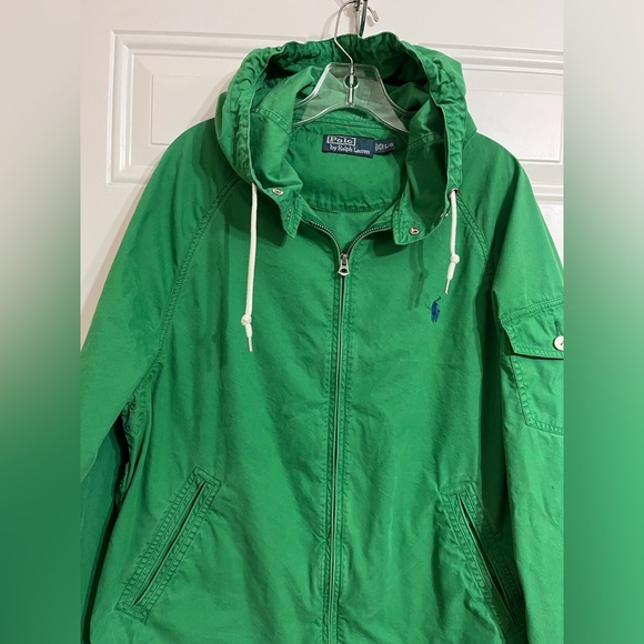 VTG Polo Ralph Lauren Jacket Men's L Green Cotton Blend Blue Pony Full Zip Hood - Picture 2 of 16